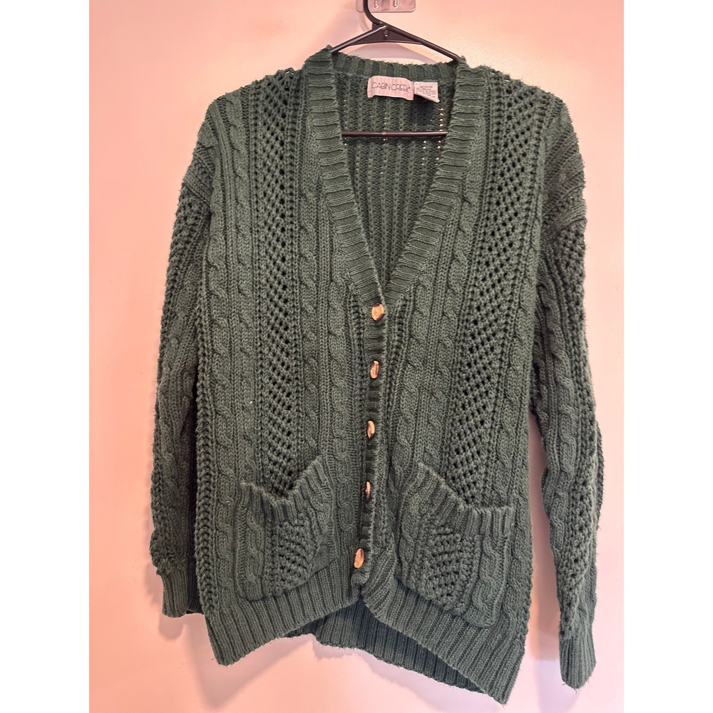 Cabin Creek Vintage Cottagecore Cable Knit Cardigan Sz:M Green Button Up Sweater